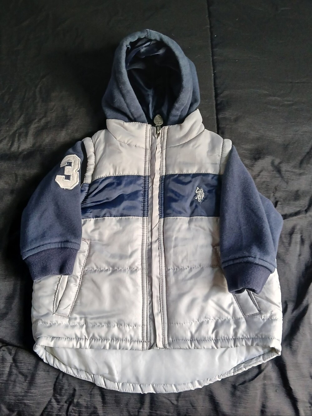 U.S. Polo Assn. Light Gray and Navy Kids Puffer Jacket with Hood